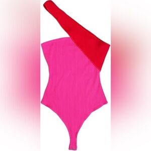 NEW NAKED WARDROBE Pink and Red One-Shoulder Bodysuit